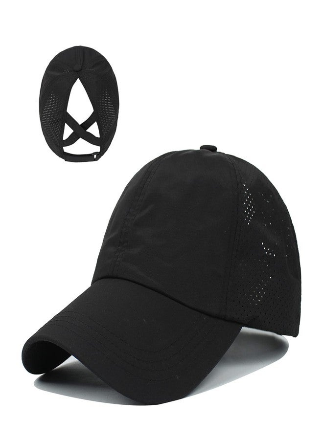FGSS Criss-Cross Ponytail-Baseball-Cap for Women - Summer Adjustable Quick-Dry High-Messy-Bun Dad-Hat Fit for 22" Black - Image 4